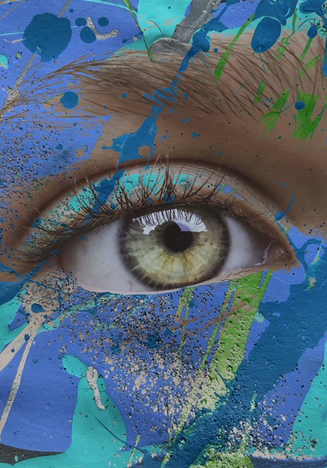 A close-up digital art piece of a green human eye partially obscured by splattered blue, green, and white paint.