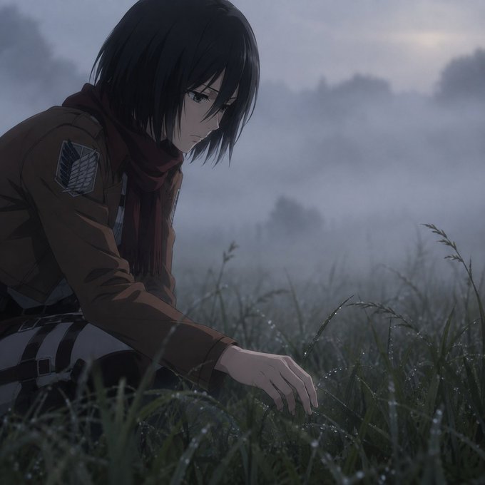 An anime-style illustration shows a dark-haired character in a brown jacket with a red scarf kneeling in a misty, dewy grassy field.