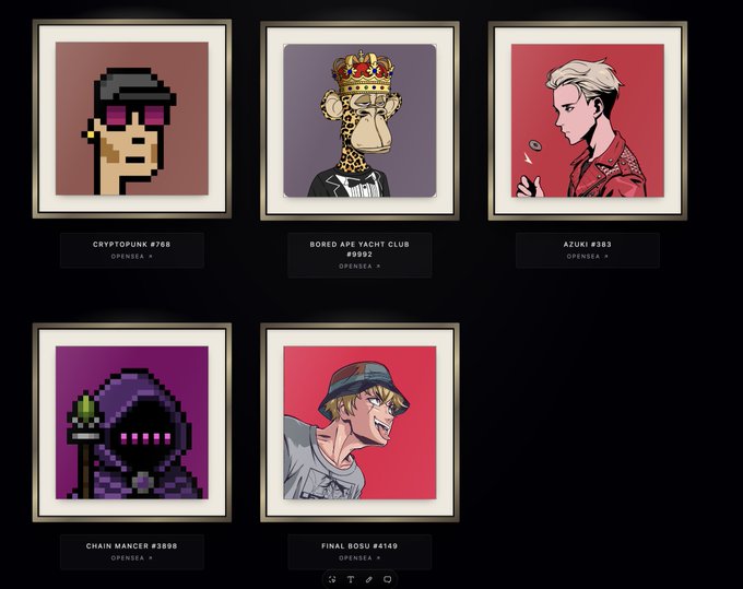 A gallery showcasing an NFT collection, featuring framed digital artworks including "CRYPTOPUNK #768" (OpeNsea), "BORED APE YACHT CLUB #5992" (OpeNsea), "AZUKI #383" (OpeNsea), "CHAIN MANGERS #3898" (OpeNsea), and "FINAL BOSSU #4149" (OpeNsea), reflecting the user's renewed interest in collecting NFTs from popular series.