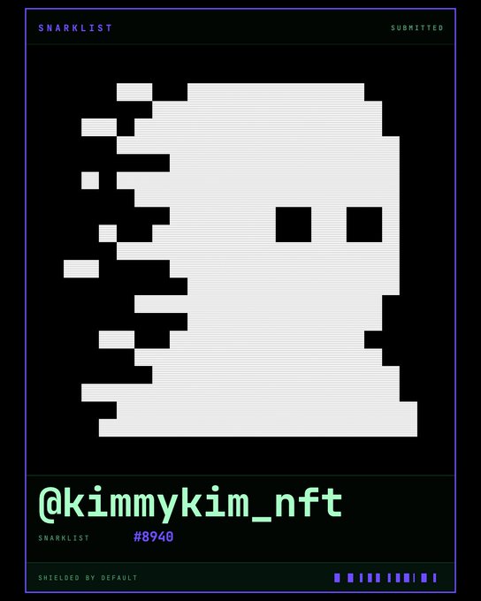 A pixel art profile card labeled 'SNARKLIST' with 'SUBMITTED' status, showing a white blocky character with two black square eyes and the handle '@kimmykim_nft' with '#940'.
