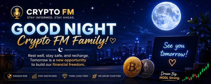 A 'Good Night Crypto FM Family!' banner featuring a full moon over a city skyline at night, a chalkboard saying 'See you tomorrow!', and Bitcoin and Ethereum coins alongside financial advice like 'MANAGE RISK' and 'STAY DISCIPLINED'.