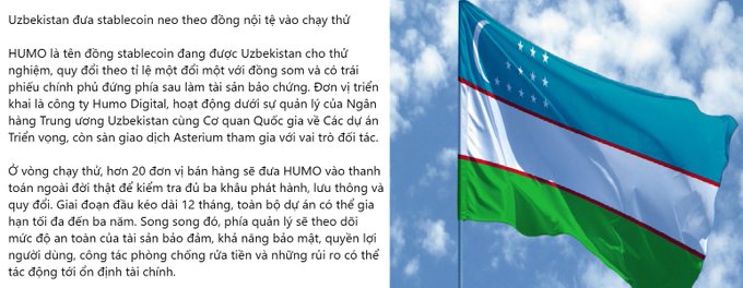 A Vietnamese news article discussing Uzbekistan's HUMO stablecoin pilot with the Central Bank of Uzbekistan, displayed alongside an image of the Uzbekistan flag waving against a blue sky.