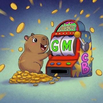 A cartoon capybara happily sits beside a "JACKPOT" slot machine displaying "GM" with a pile of coins and falling gold, while the machine's side shows "$CB"—matching the post promoting a $150 sweep to the $CB memecoin token.