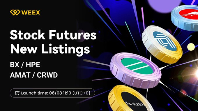 The image features a poster for an event related to stock futures, with a focus on new listing announcements. The poster includes a variety of colorful coins, each representing different companies or symbols. The text on the poster announces that there will be a launch time of 08/10 and invites people to register immediately by visiting weex.com/help/articles/welcome.