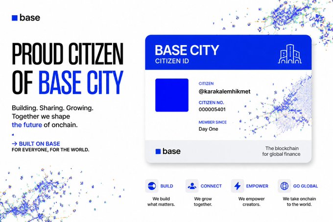 A promotional graphic for 'Base' blockchain featuring the text 'PROUD CITIZEN OF BASE CITY' and a digital 'Base City Citizen ID' card for '@karakalemhikmet' with Citizen No. 000005401, tagged 'Member Since Day One'.