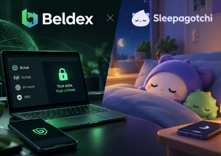A promotional graphic features 'Beldex' partnered with 'Sleepagotchi', showing a laptop interface and a sleeping cartoon character in bed.