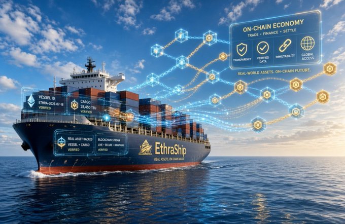A large cargo ship labeled 'EthaShip' sails on the ocean with holographic overlays depicting an 'ON-CHAIN ECONOMY' featuring transparency, verified data, immutability, and global access icons.