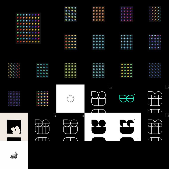 An abstract digital composition with various colorful dot matrix grids and white geometric icons including a clock, glasses, and gift boxes on a black background.