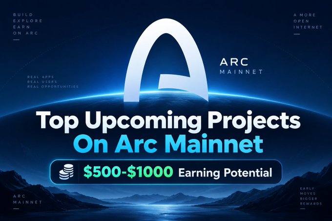 The image is a promotional banner for Arc Mainnet featuring a large stylized "A" logo against a dark blue cosmic backdrop, highlighting "$500–$1000 Earning Potential" for "Top Upcoming Projects On Arc Mainnet." It promotes early NFT collections being built within the Arc ecosystem, aligning with the post's call to discover upcoming NFT opportunities with low entry costs before they gain wider attention.