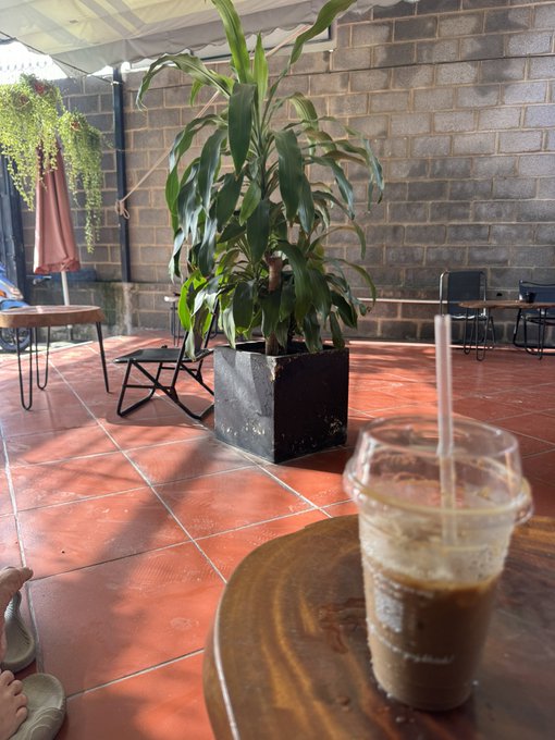 A first-person view at an outdoor café shows a plastic cup of iced coffee on a wooden table, with a potted plant, brick wall, and tiled patio visible in the background.