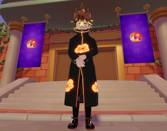 An anime-style character wearing a black coat with glowing orange cloud patterns and a crown stands on temple steps between two purple banners bearing mountain emblems.