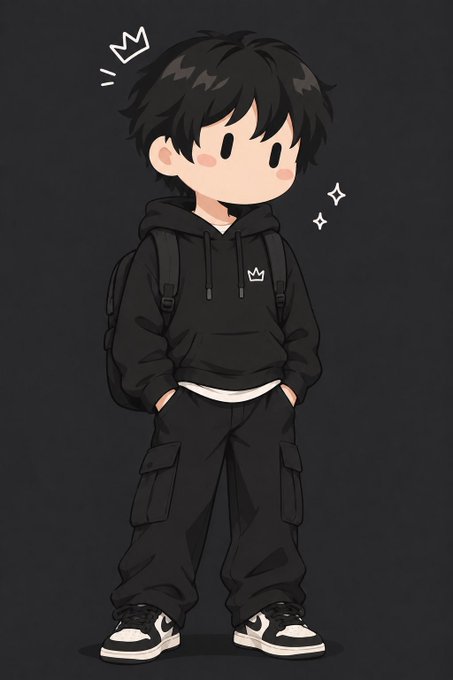 A chibi-style cartoon illustration of a boy with messy black hair wearing an all-black outfit including a hoodie with a small crown logo, cargo pants, and black and white sneakers.