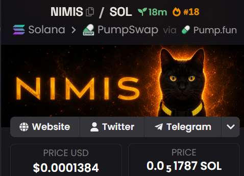A cryptocurrency token page for 'NIMIS' on Solana/PumpSwap via Pump.fun, showing a black cat logo, a price of $0.0001384 USD and 0.051787 SOL, with a market cap of $18K.