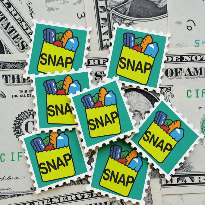 Multiple postage stamp-style graphics labeled "SNAP" featuring grocery bags filled with bread, milk, and other items, displayed over a background of US dollar bills.