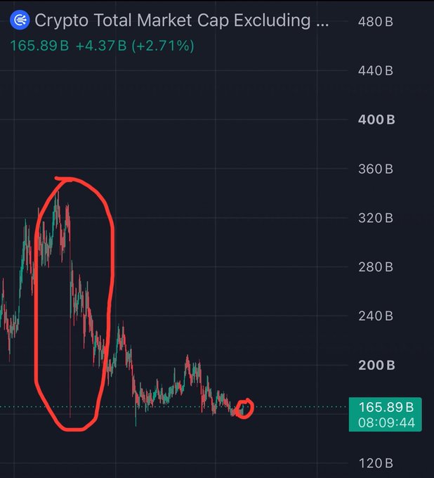 The image shows a chart titled "Crypto Total Market Cap Excluding..." currently at 165.89B, up 4.37B (+2.71%), with a red circle highlighting a recent sharp decline from previous highs near 340B down to current levels. It relates to the celebratory post by emphasizing how far crypto has fallen from its previous peaks, suggesting the current "recovery" is still dramatically below historical highs—the exclamation is sarcastic rather than reflective of true market strength.