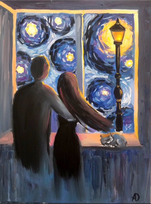 A painting inspired by Van Gogh's 'Starry Night' showing a couple looking out a window at swirling starry skies and a glowing streetlamp, with a small cat curled up on the windowsill.
