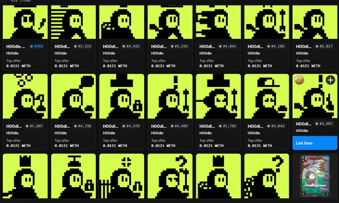 A screenshot of an NFT marketplace displaying a grid of pixel art avatars (hooded figures) with their item numbers, prices in ETH, and various traits.