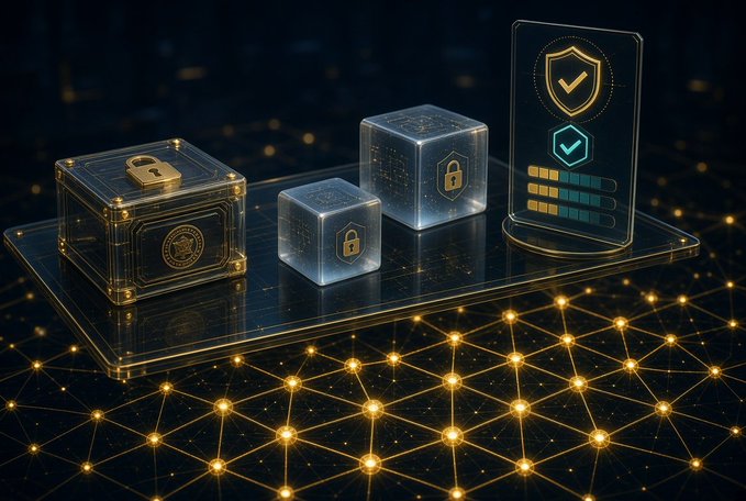 A digital illustration showing secure transparent boxes with padlocks and a glowing checkmark shield on a gold network grid.