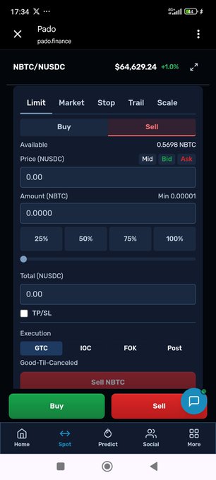A screenshot of the Pado Finance trading app showing the NBTC/NUSDC spot trading pair with a price of $64,629.24 (+1.0%), limit/market/stop order options, and Buy/Sell buttons.