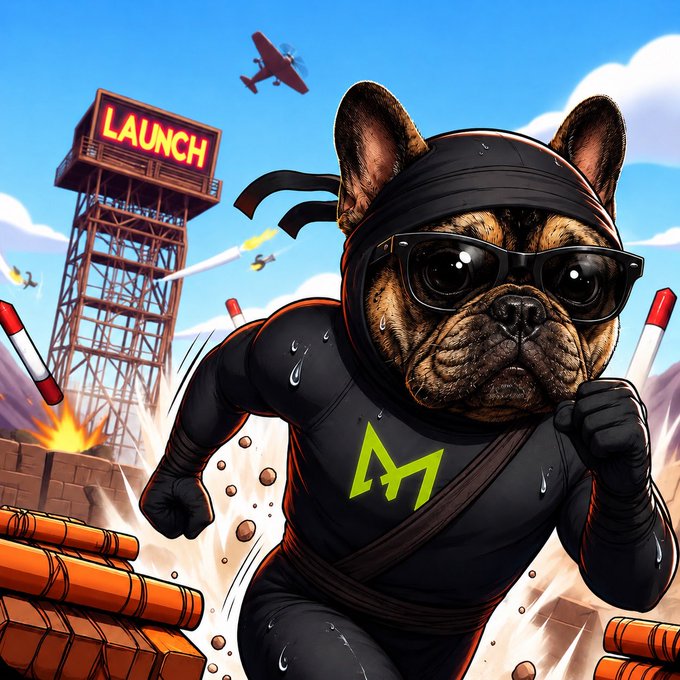 A cartoon illustration of a French bulldog dressed as a ninja in a black suit with a green 'M' logo and sunglasses, running away from explosions near a 'LAUNCH' tower.