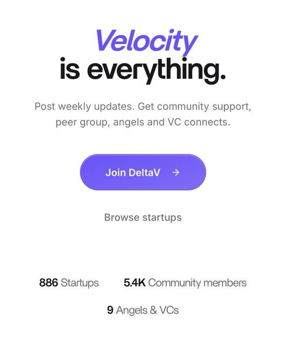 A landing page for DeltaV features the bold tagline "Velocity is everything," promoting a platform to join via a "Join DeltaV" button, with stats showing 886 Startups, 5.4K Community members, and 9 Angels & VCs listed below.
