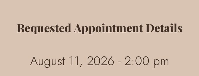 A confirmation graphic with a tan background displays the text "Requested Appointment Details" above the appointment time: "August 11, 2026 - 2:00 pm." The image relates to the post by confirming the scheduled tattoo appointment to get the "$RWI" design, with the streamer playfully referencing the same 2pm time in their message.