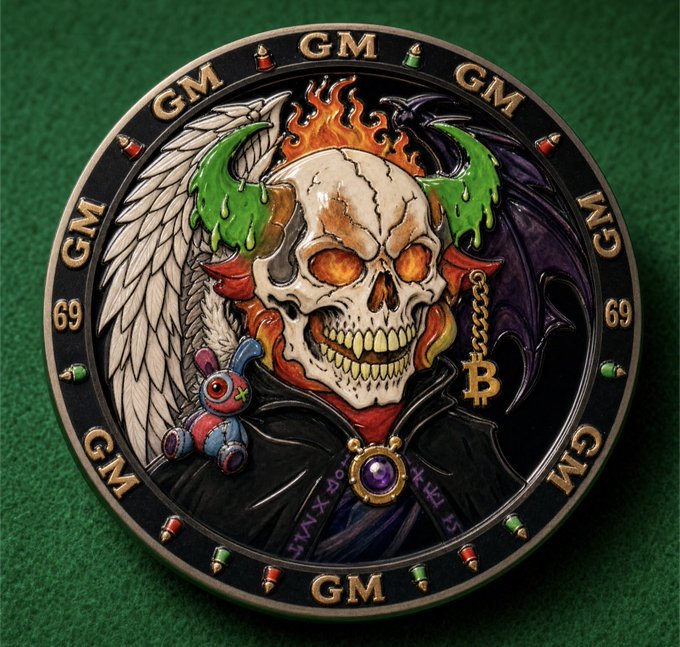 A close-up of a detailed coin featuring a flaming skull with horns, angel and demon wings, a voodoo doll, and a Bitcoin pendant, with 'GM' and '69' repeating around the edge, set against a green felt background.