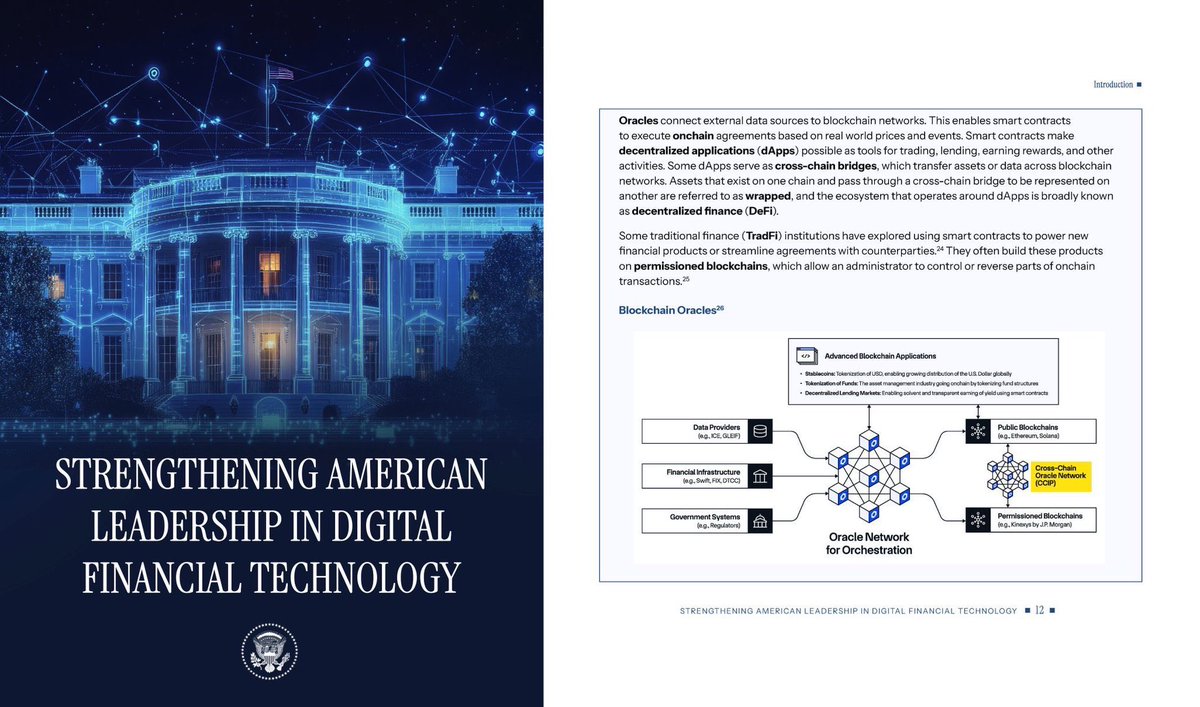 The cover and an interior page of a report titled 'Strengthening American Leadership in Digital Financial Technology' featuring an image of the White House and a diagram about blockchain oracles.