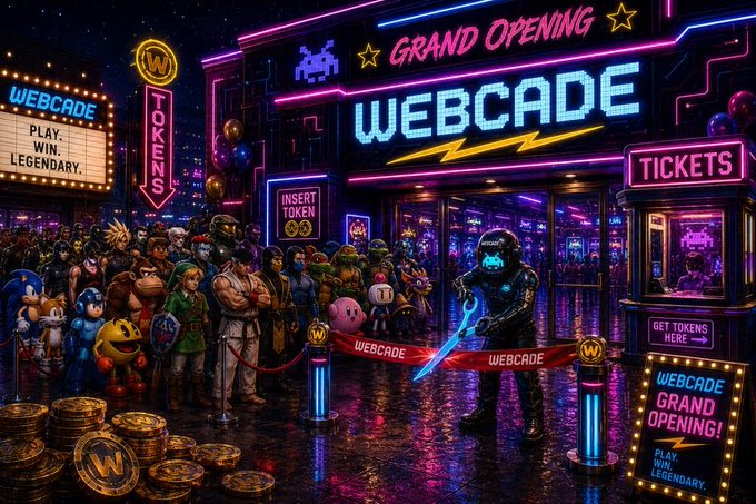 A neon-lit retro arcade illustration promoting 'WEBCADE GRAND OPENING', featuring a 'PLAY. WIN. LEGENDARY.' tagline, crowds of gaming characters, an astronaut figure cutting a ribbon, and 'INSERT TOKEN' signage.