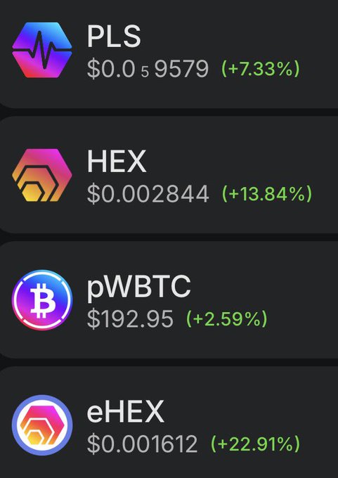 The image shows a crypto portfolio wallet display showing four assets all in green: PLS at $0.0₅9579 (+7.33%), HEX at $0.002844 (+13.84%), pWBTC at $192.95 (+2.59%), and eHEX at $0.001612 (+22.91%). The post jokes that the wallet is "glitching" due to seeing unusually high green gains across all holdings, though the image simply confirms real positive performance rather than a glitch.