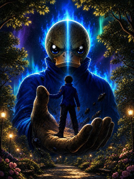 A vibrant, surreal digital artwork shows a small figure standing on a giant open palm, facing a colossal, menacing blue creature wearing a mask, with glowing blue energy in the background.