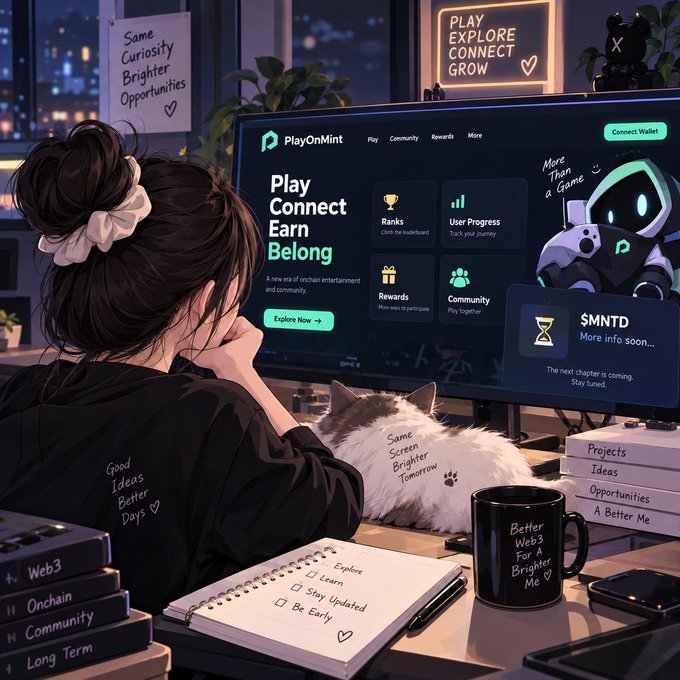 An anime-style illustration of a woman at a desk looking at a 'PlayOnMint' website interface, accompanied by a cat, a coffee mug, and a notepad with handwritten notes.