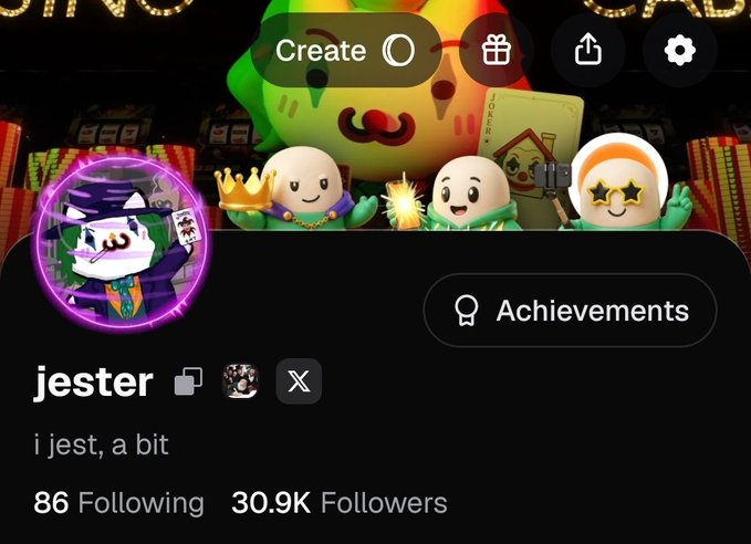 A profile page for user 'jester' with the bio 'i jest, a bit', showing 86 Following and 30.9K Followers, featuring an avatar of a wizard-like character and a 'Create' button at the top.