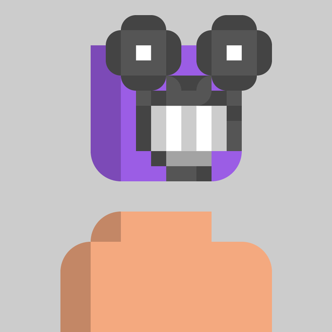 A minimalist flat-design illustration of a figure with purple hair, goggles on their head, and a wide toothy grin, shown from the chest up against a gray background.