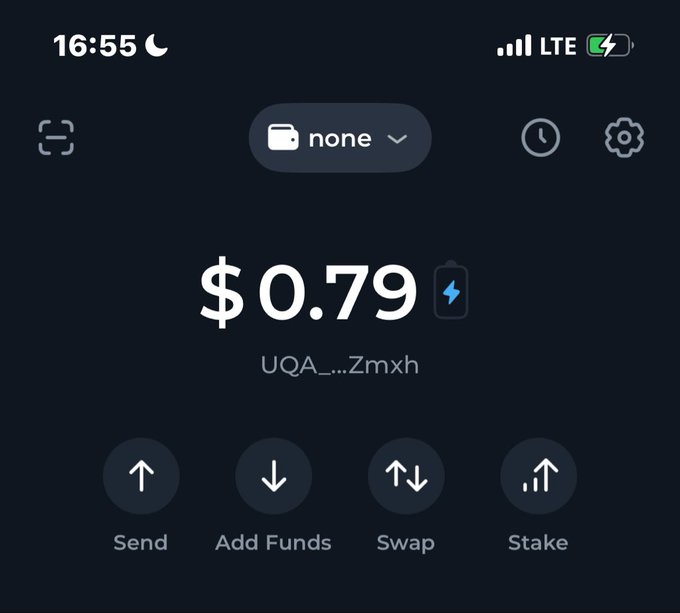 A dark-mode screenshot of a crypto wallet app showing a balance of '$0.79' for the wallet address 'UQA_...Zmxh', with navigation buttons for 'Send', 'Add Funds', 'Swap', and 'Stake'.