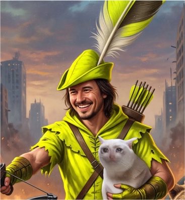 An illustration of a smiling man dressed as Robin Hood in a green tunic and feathered hat, carrying arrows and holding a white cat, set against a ruined cityscape.