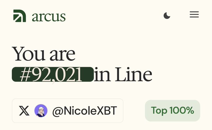 A screenshot from the website Arcus showing the message 'You are #92,021 in Line' for the user @NicoleXBT, marked as 'Top 100%'.