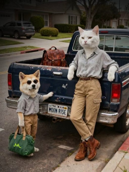 The image features two dogs, one white and one brown, standing next to each other with their owners' luggage nearby. The white dog has a green bag attached to its back, while the brown dog has a brown bag. Both dogs are wearing sunglasses on their heads. A car is parked in front of them, and there's a house visible behind it as well. The image also includes text that reads "here they are $Hachiko & $Wkc chilling before going for a Yellow & black walk @WEEX_Official let them in".