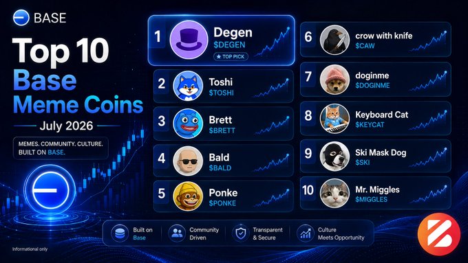 An infographic titled 'Top 10 Base Meme Coins — July 2026' listing tokens including $DEGEN, $TOSHI, $BRETT, $BALD, $PONKE, $CAW, $DOGINME, $KEYCAT, $SKI, and $MIGGLES.