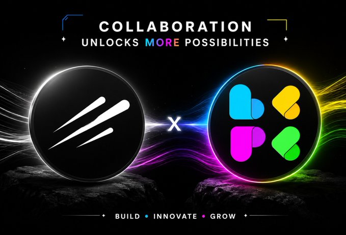Announcement graphic reading 'COLLABORATION UNLOCKS MORE POSSIBILITIES' featuring two logo designs crossed together with 'BUILD • INNOVATE • GROW' tagline.