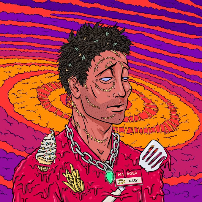 A colorful cartoon illustration of a man named 'GARY' (labeled as 'MANAGER') wearing a pink shirt with french fries and a milkshake, gold chains, and tattoos, set against a psychedelic orange and purple radiating background.
