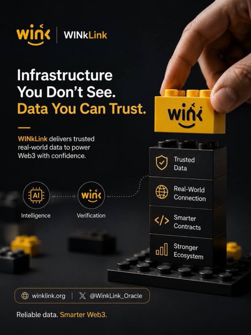 A marketing image for 'WINkLink' with the headline 'Infrastructure You Don't See. Data You Can Trust,' showing a hand placing a yellow Wink logo block on top of a stack of black blocks representing Trusted Data, Real-World Connection, Smarter Contracts, and Stronger Ecosystem.