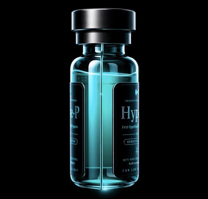 A sleek glass vial filled with glowing cyan liquid features a black label with text including "Hyp" and "GENESIS," set against a dark background—evoking a futuristic, sci-fi aesthetic that ties into the post's theme of a high-tech, speculative "Hype P Ai agents" mint on the Hyperliquid platform.