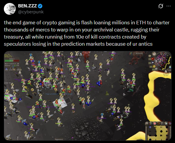 A tweet from BEN.ZZZ (@cyberpunk) describing crypto gaming endgame tactics involving flash loans, mercenary armies, and prediction markets, accompanied by a screenshot of a crowded RuneScape-style game scene.
