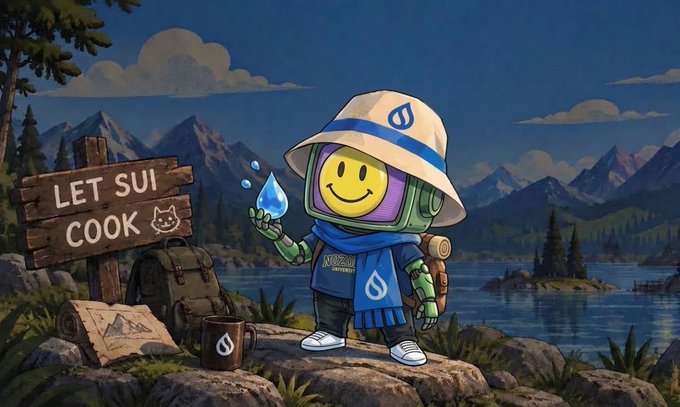 An illustrated character with a yellow smiley face wearing a hat and Sui-branded scarf holds a water droplet, standing by a sign reading 'LET SUI COOK' near a lake and mountains.
