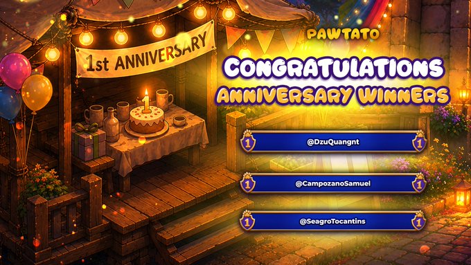 A '1st Anniversary' celebration graphic for PAWTATO displays congratulations to anniversary winners: @DzuQuangnt, @CampozanoSamuel, and @SeagroTocantins, set against a festive illustrated backdrop.
