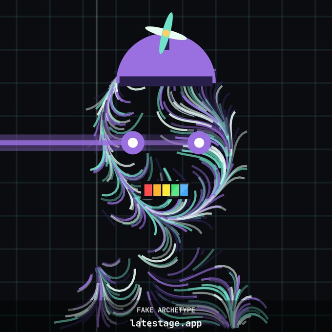 A stylized purple character with flowing green and purple tendrils sports a propeller beanie, with text reading "FAKE ARCHETYPE" and "latestage.app." The whimsical, mystical artwork visually represents the creative art and lore of the LSA project being monitored by the poster.