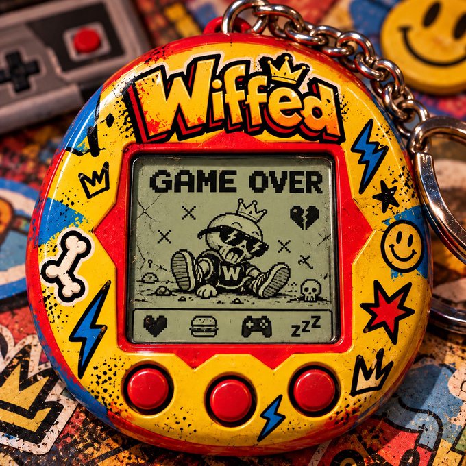 A Tamagotchi-style keychain featuring a yellow and red 'Wlfed' Tamagotchi displaying a 'GAME OVER' screen with a cartoon character wearing sunglasses, surrounded by graffiti-style graphics including crowns, smiley faces, and lightning bolts.