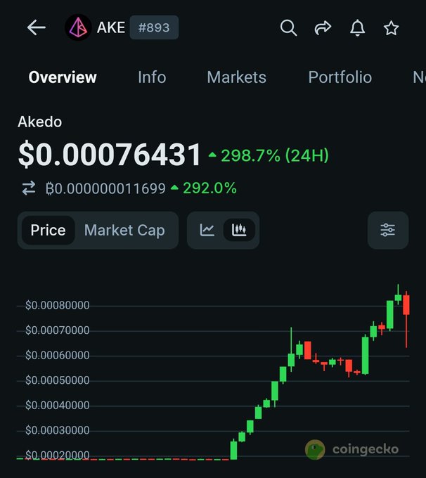 A CoinGecko price page for the cryptocurrency token Akedo (AKE #893) showing a price of $0.00076431 with a 298.7% gain in 24H. A candlestick chart displays the token's price trend climbing from around $0.00020000 to over $0.00080000.