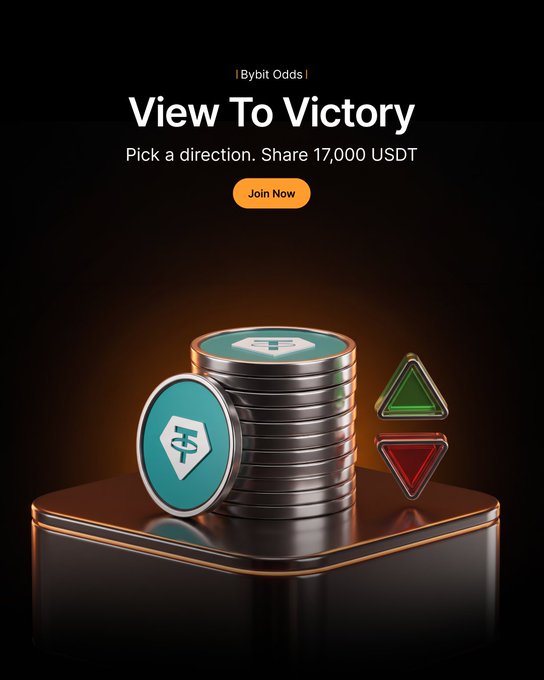 A stack of USDT-branded coins sits on a glowing pedestal beside green up and red down arrows, with the heading "1 bybit Odds | View To Victory — Pick a direction. Share 17,000 USDT" and a "Join Now" button. The image ties to the post by visually representing the campaign's prediction challenge to guess whether BTC will trade above $90K by Sep 25, with the coins and arrows symbolizing the prize pool and the up/down directional bet.